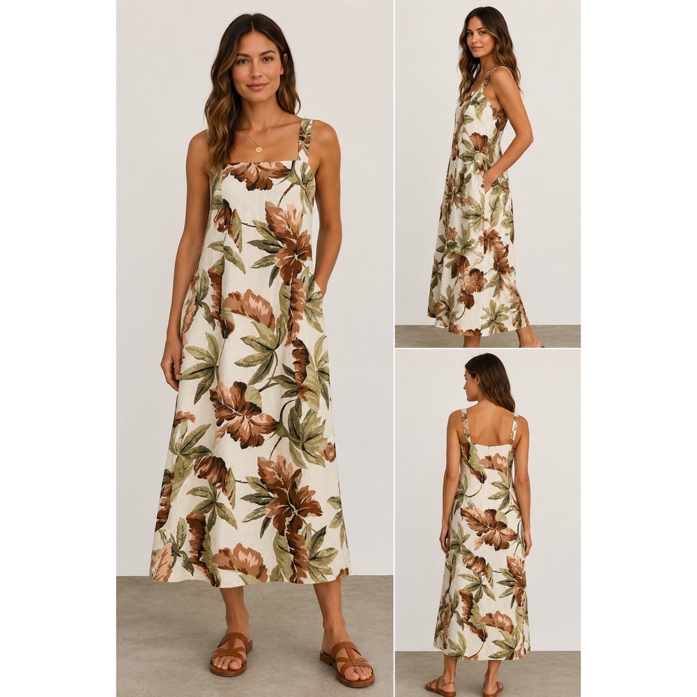 Zulu & Zephyr NWT Dust Leaf Dress Linen Tropical Floral Midi Cream Tan L